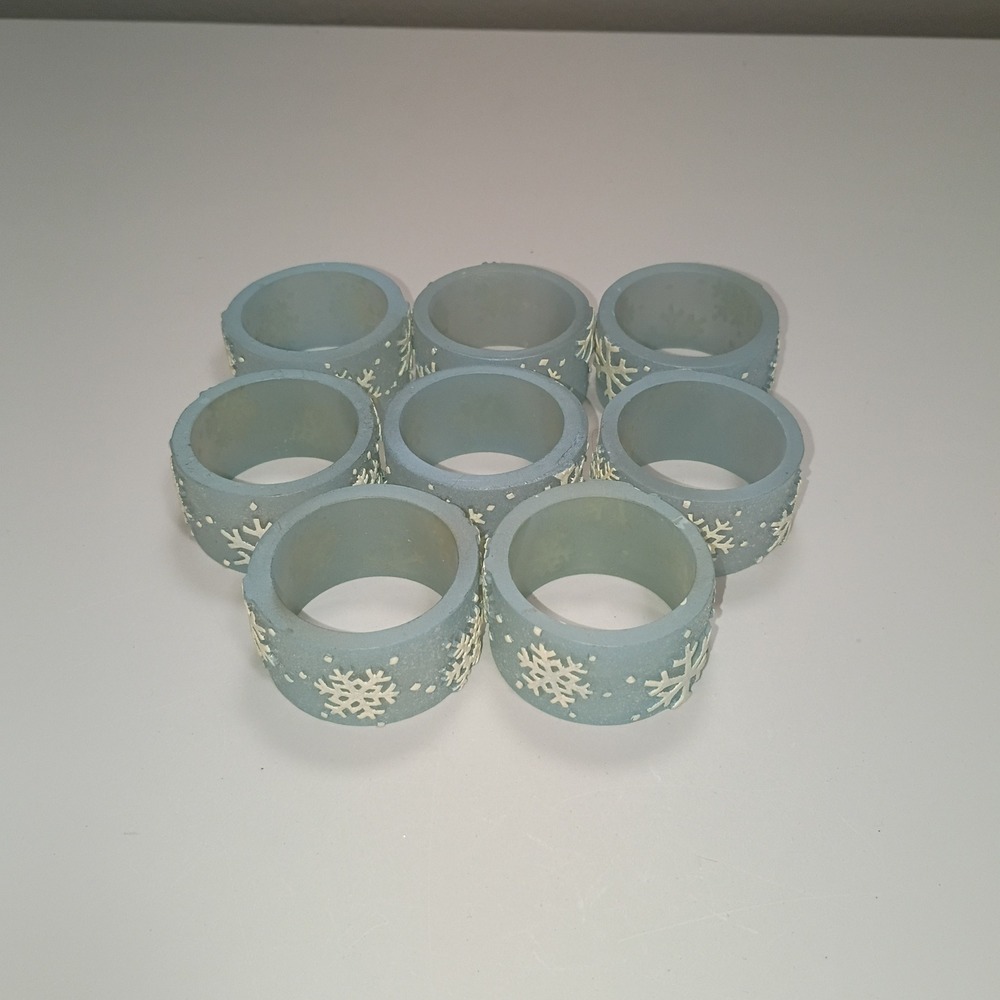 Blue Frosted Resin Snowflake Vintage Napkin Rings Winter Holiday Table Set of 8